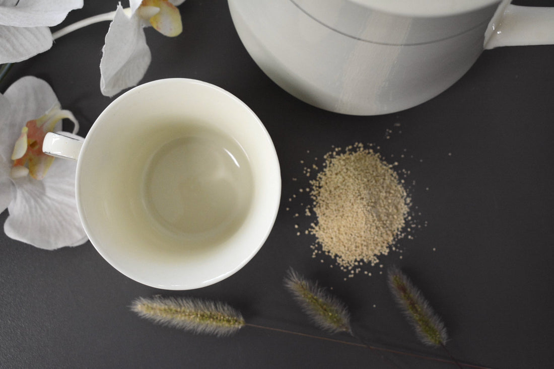 A cup and some herbs, typically mixed into hot water and consumed as tea two or three times per day